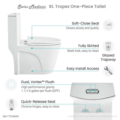 Swiss Madison St. Tropez 15" x 31" Matte White One-Piece Elongated Floor Mounted Toilet With 1.1/1.6 GPF Vortex Dual-Flush Function