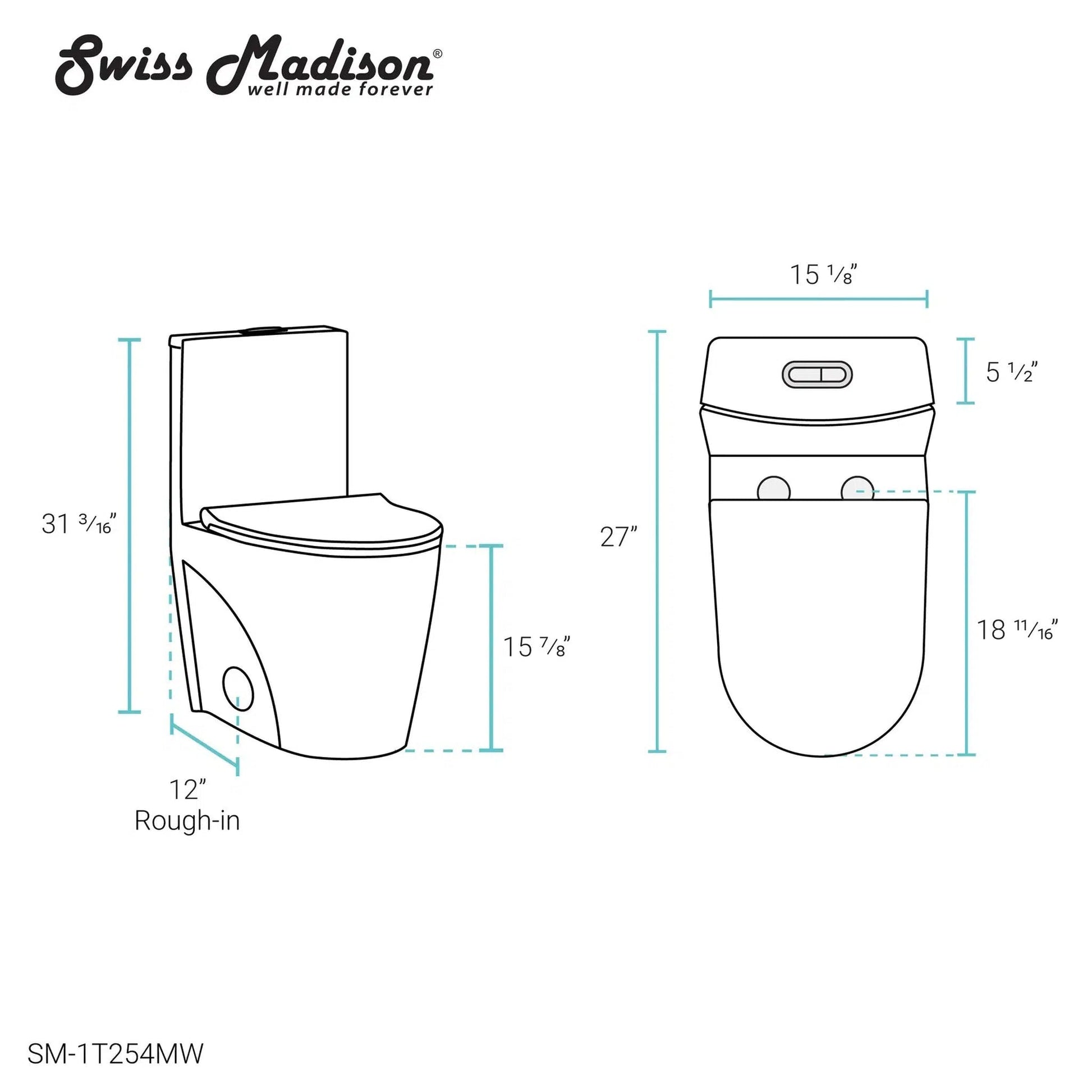 Swiss Madison St. Tropez 15" x 31" Matte White One-Piece Elongated Floor Mounted Toilet With 1.1/1.6 GPF Vortex Dual-Flush Function