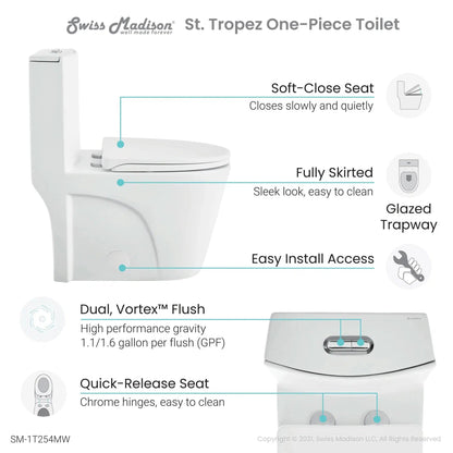 Swiss Madison St. Tropez 15" x 31" Matte White One-Piece Elongated Floor Mounted Toilet With 1.1/1.6 GPF Vortex™ Dual-Flush Function