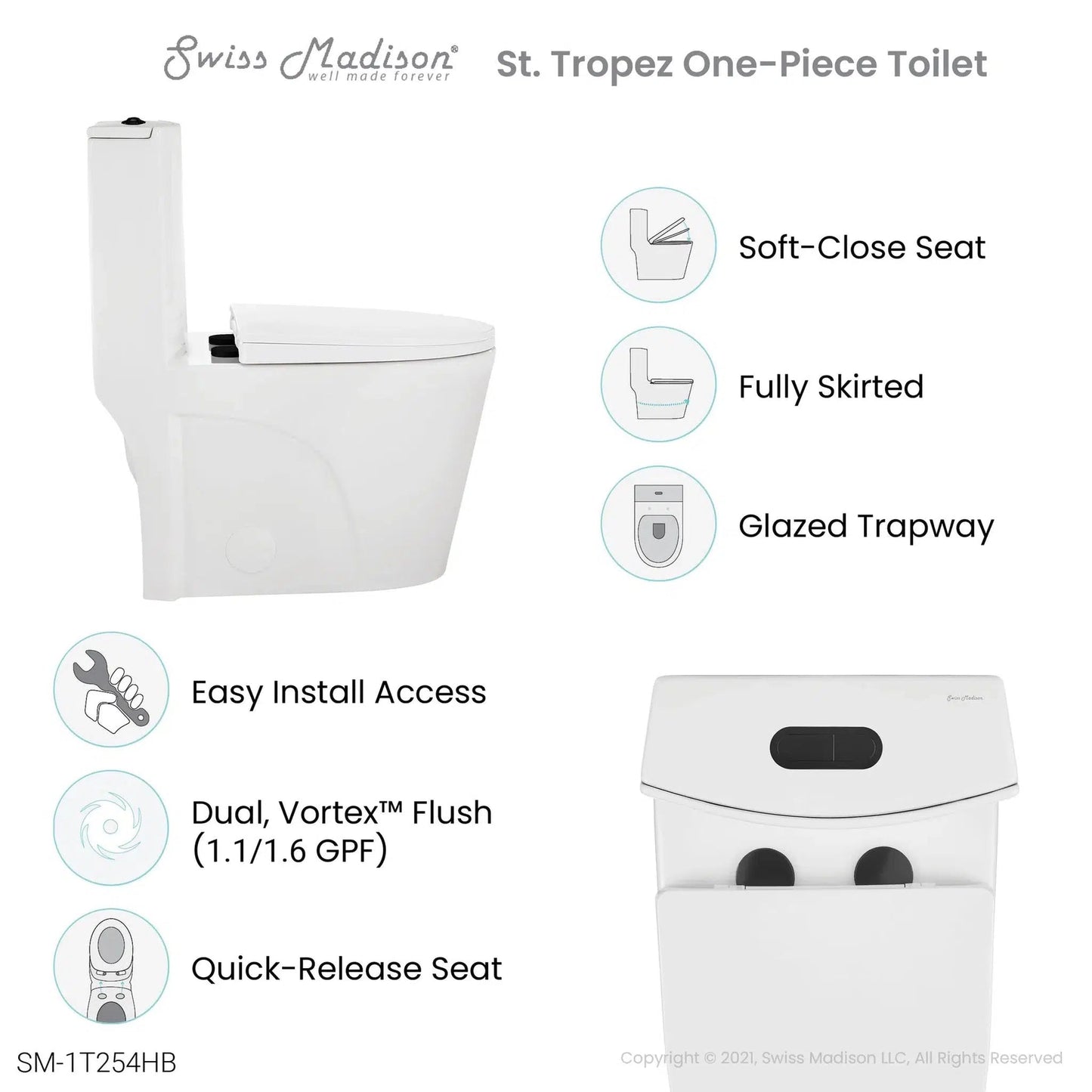 Swiss Madison St. Tropez 15" x 31" White One-Piece Elongated Floor Mounted Toilet With Black Hardware and 1.1/1.6 GPF Vortex Dual-Flush Function