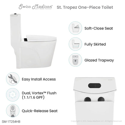 Swiss Madison St. Tropez 15" x 31" White One-Piece Elongated Floor Mounted Toilet With Black Hardware and 1.1/1.6 GPF Vortex Dual-Flush Function