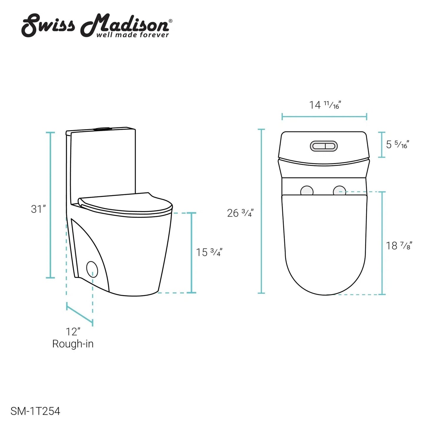 Swiss Madison St. Tropez 15" x 31" White One-Piece Elongated Floor Mounted Toilet With Black Hardware and 1.1/1.6 GPF Vortex Dual-Flush Function