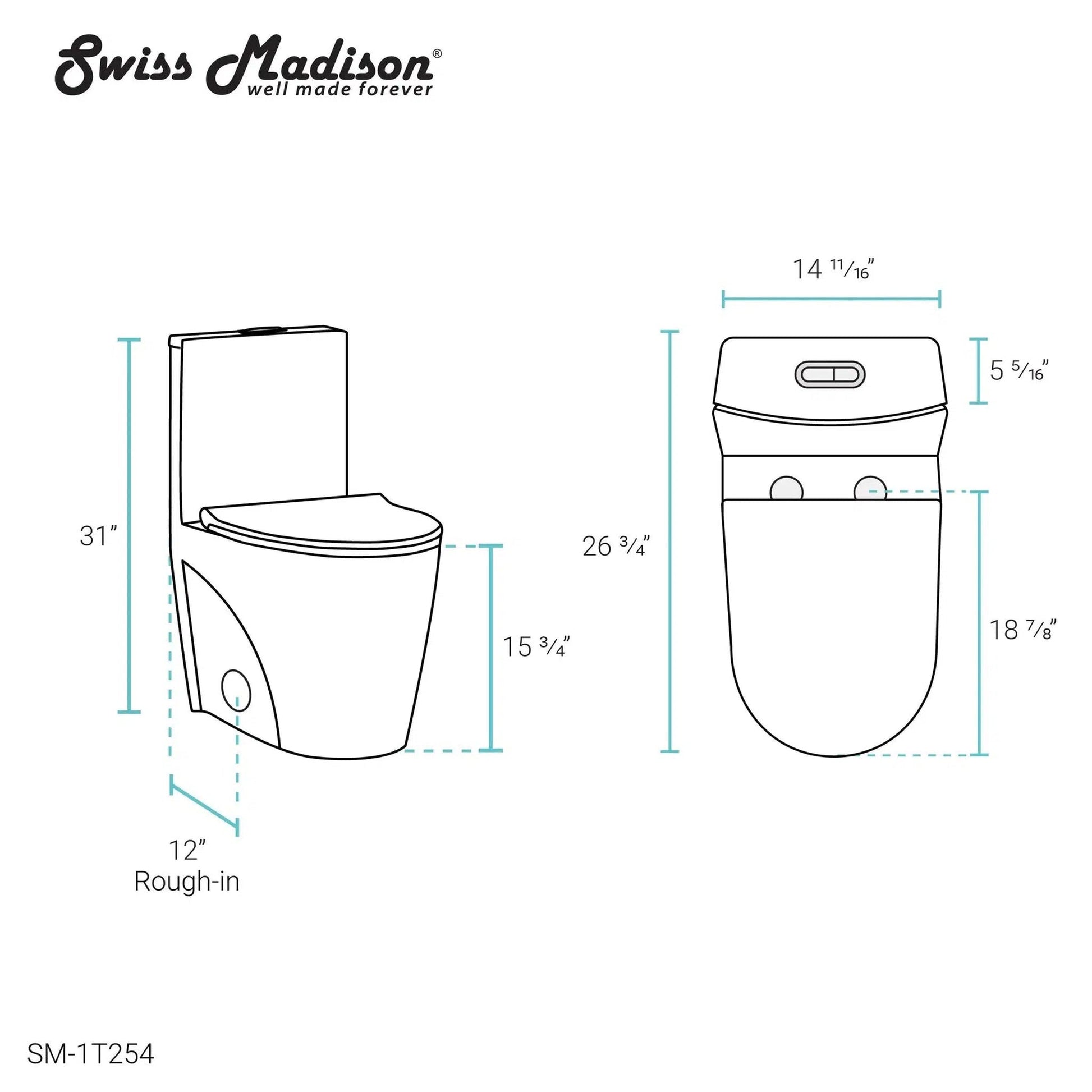 Swiss Madison St. Tropez 15" x 31" White One-Piece Elongated Floor Mounted Toilet With Black Hardware and 1.1/1.6 GPF Vortex Dual-Flush Function