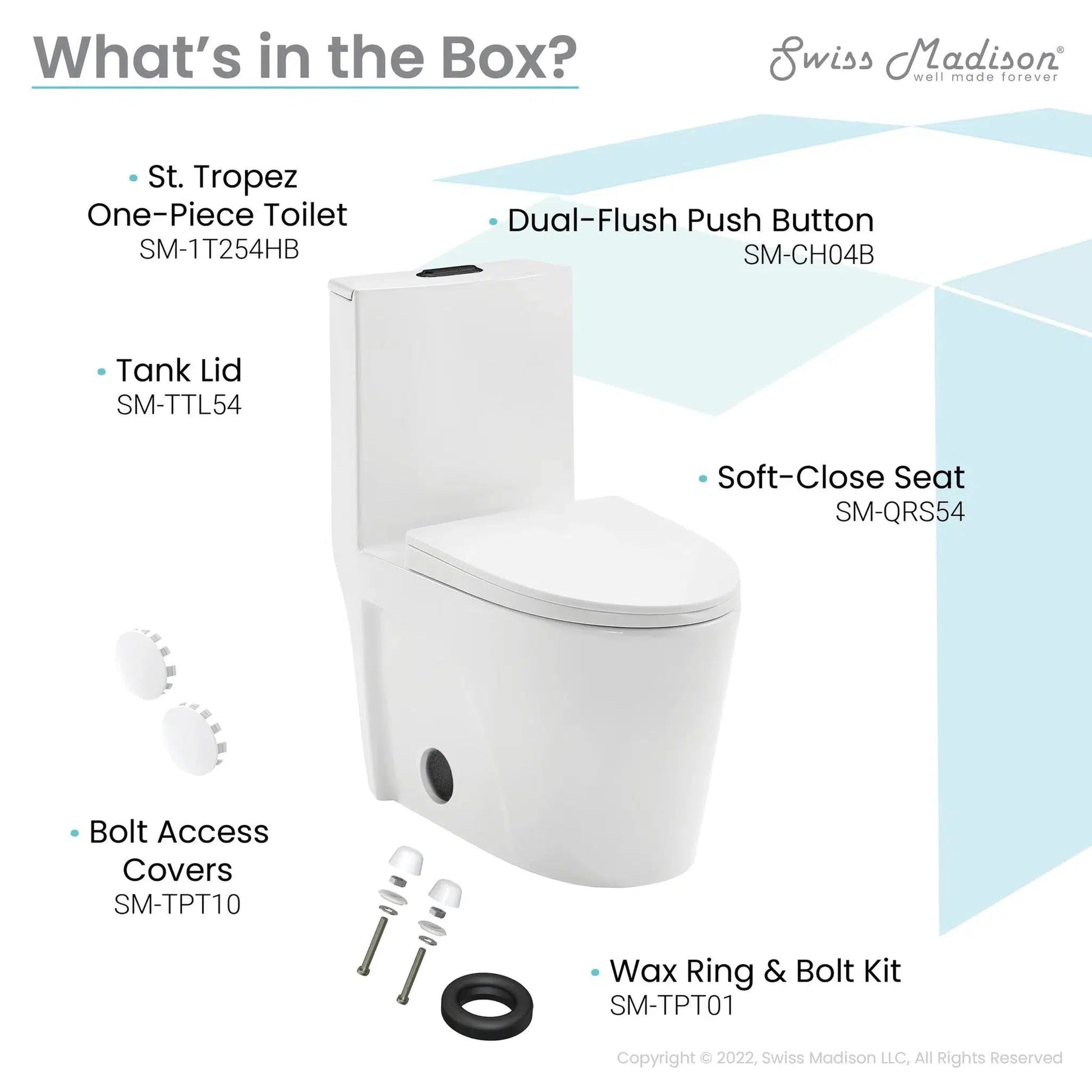 Swiss Madison St. Tropez 15" x 31" White One-Piece Elongated Floor Mounted Toilet With Black Hardware and 1.1/1.6 GPF Vortex Dual-Flush Function