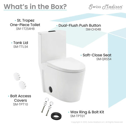 Swiss Madison St. Tropez 15" x 31" White One-Piece Elongated Floor Mounted Toilet With Black Hardware and 1.1/1.6 GPF Vortex Dual-Flush Function