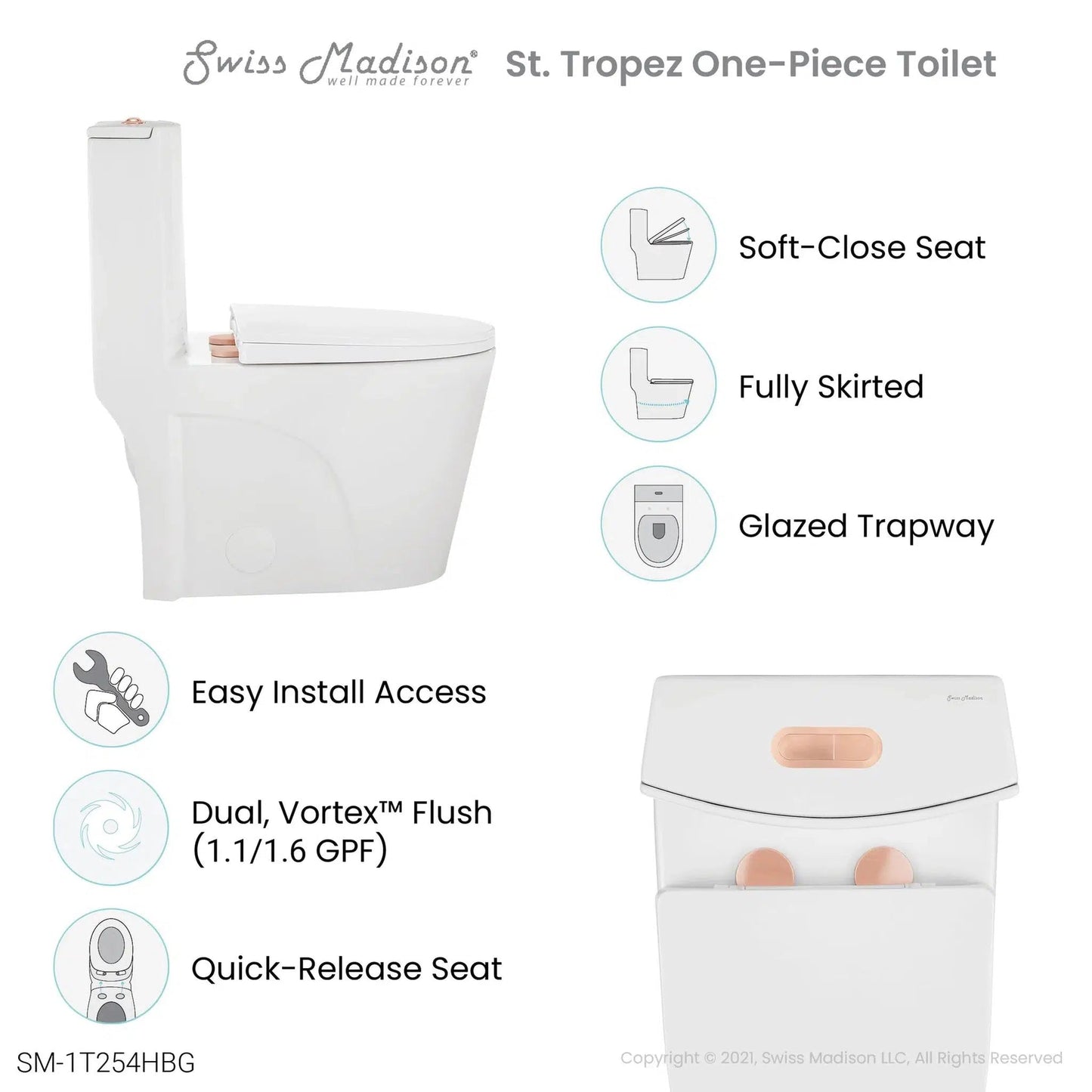 Swiss Madison St. Tropez 15" x 31" White One-Piece Elongated Floor Mounted Toilet With Rose Gold Hardware and 1.1/1.6 GPF Vortex Dual-Flush Function