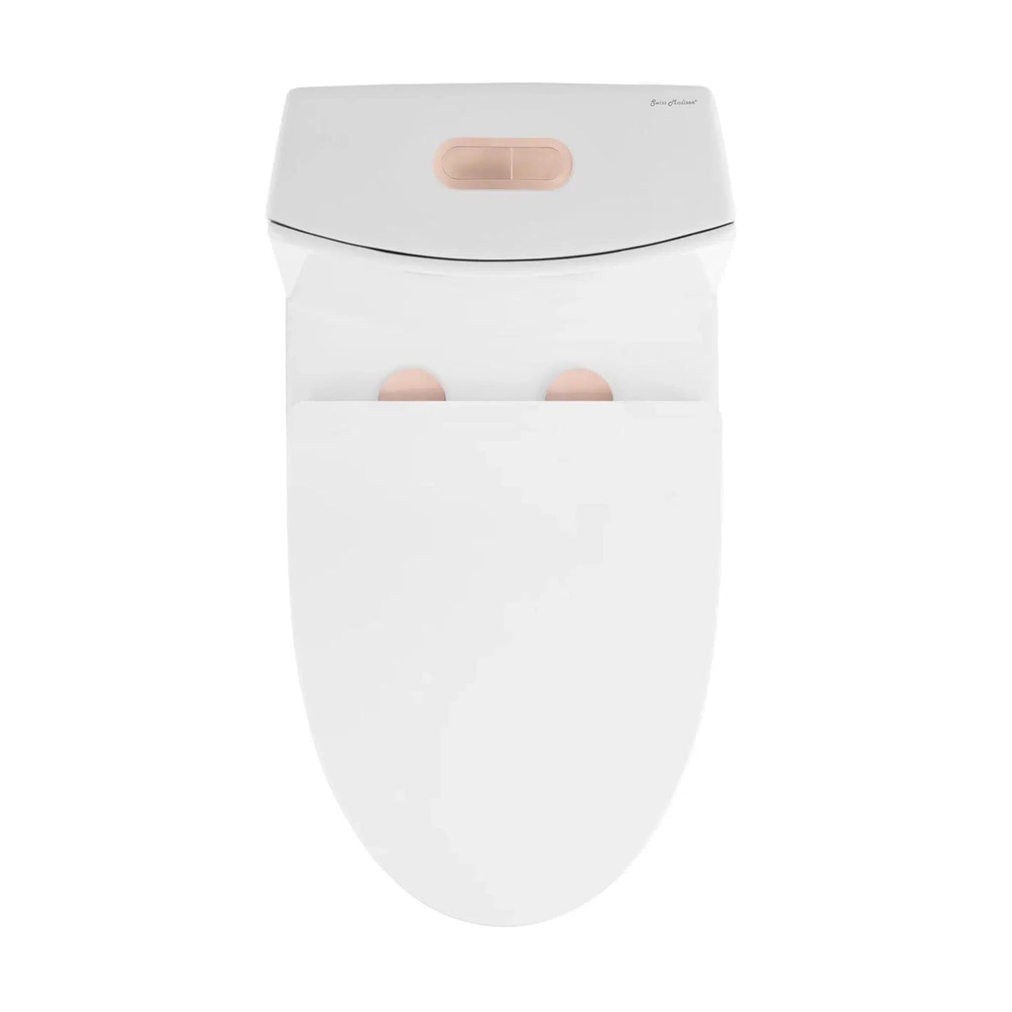 Swiss Madison St. Tropez 15" x 31" White One-Piece Elongated Floor Mounted Toilet With Rose Gold Hardware and 1.1/1.6 GPF Vortex Dual-Flush Function