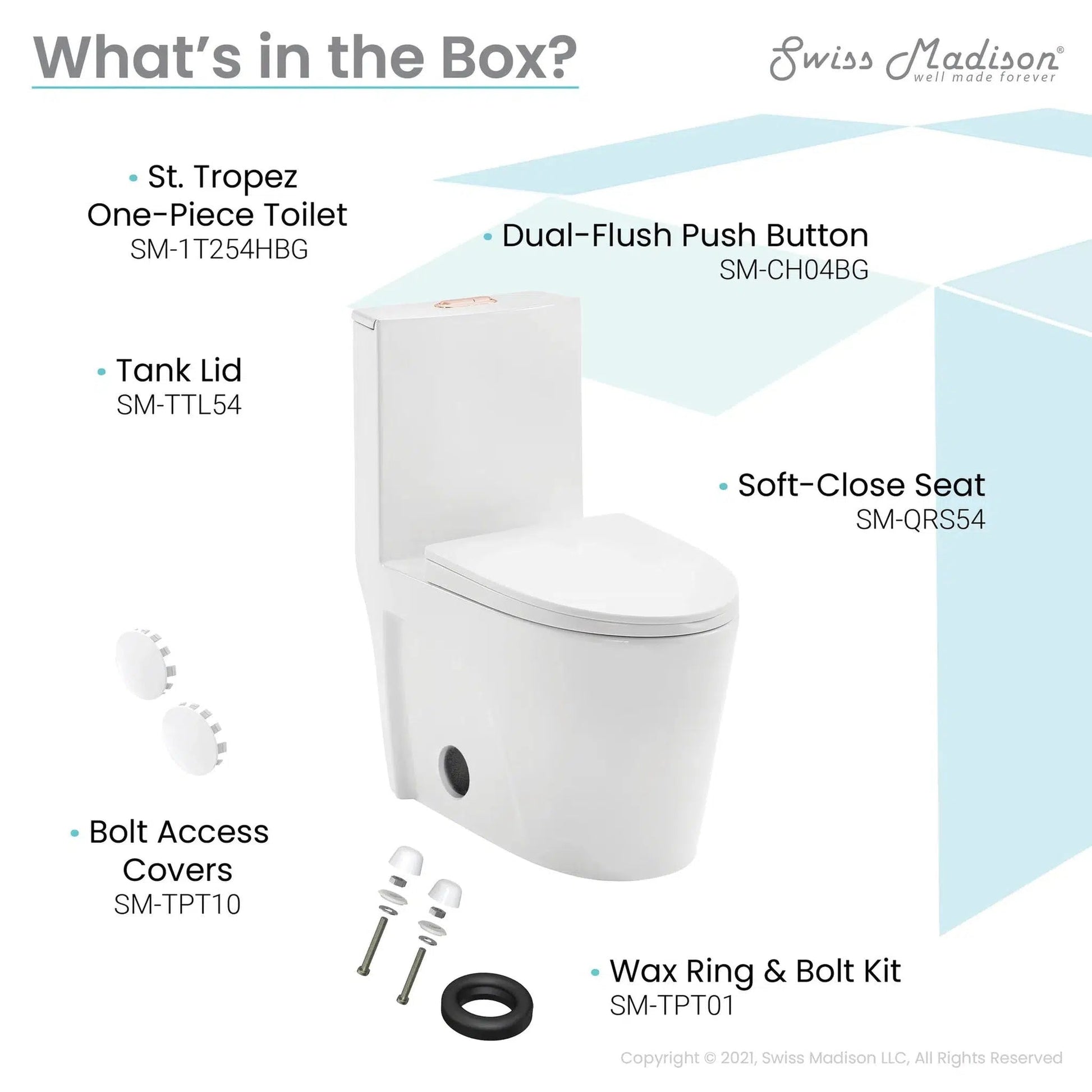 Swiss Madison St. Tropez 15" x 31" White One-Piece Elongated Floor Mounted Toilet With Rose Gold Hardware and 1.1/1.6 GPF Vortex Dual-Flush Function