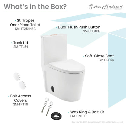 Swiss Madison St. Tropez 15" x 31" White One-Piece Elongated Floor Mounted Toilet With Rose Gold Hardware and 1.1/1.6 GPF Vortex Dual-Flush Function