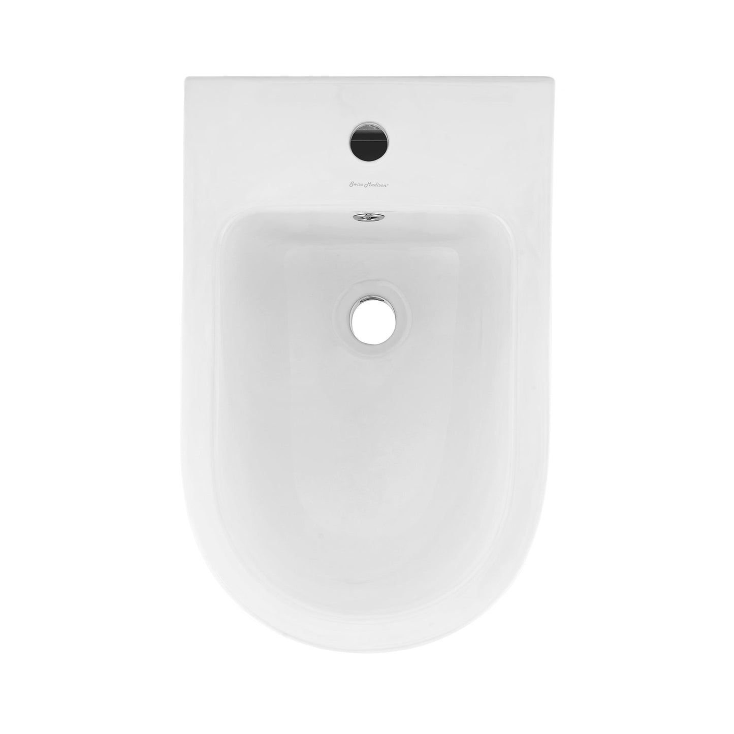 Swiss Madison St. Tropez 22" x 16" Glossy White Elongated Back-To-Wall Bidet With Single Faucet Hole and Chrome Overflow Cover