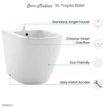 Swiss Madison St. Tropez 22" x 16" Glossy White Elongated Back-To-Wall Bidet With Single Faucet Hole and Chrome Overflow Cover