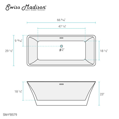 Swiss Madison St. Tropez 67" x 30" White Center Drain Freestanding Bathtub With Chrome Toe-Tap Drain and Overflow