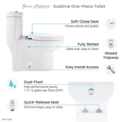 Swiss Madison Sublime 16" x 28" White One-Piece Elongated Floor Mounted Toilet With 1.1/1.6 GPF Dual-Flush Function