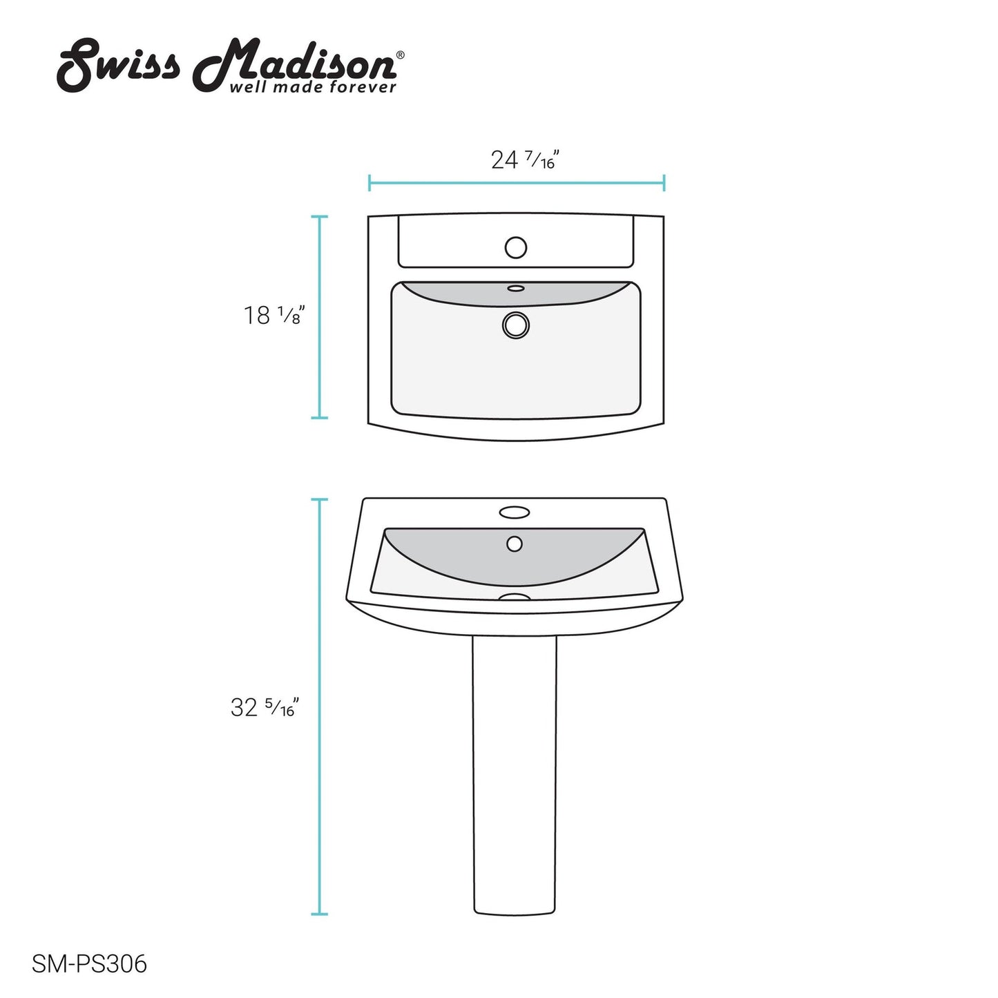 Swiss Madison Sublime 24" x 32" Freestanding Two-Piece Square White Pedestal Sink With Overflow