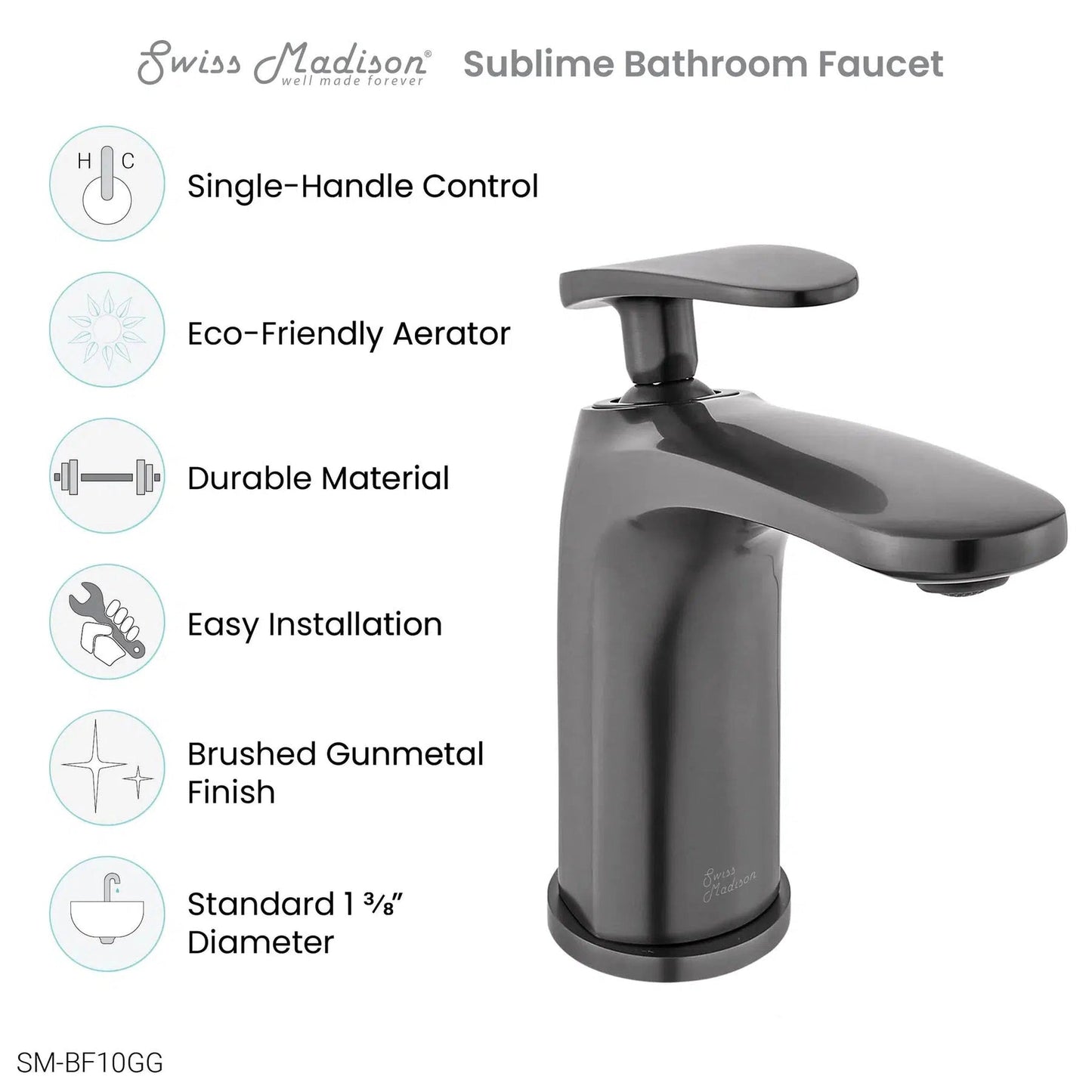 Swiss Madison Sublime 7" Gunmetal Gray Single Hole Bathroom Faucet With Flow Rate of 1.2 GPM