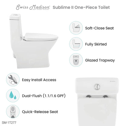 Swiss Madison Sublime II 13" x 27" Glossy White One-Piece Round Floor Mounted Toilet With 10" Rough-In Valve and 1.1/1.6 GPF Dual-Flush Function