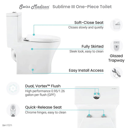 Swiss Madison Sublime III 14" x 29" Glossy White One-Piece Round Floor Mounted Toilet With 0.95/1.26 GPF Vortex Dual-Flush Function