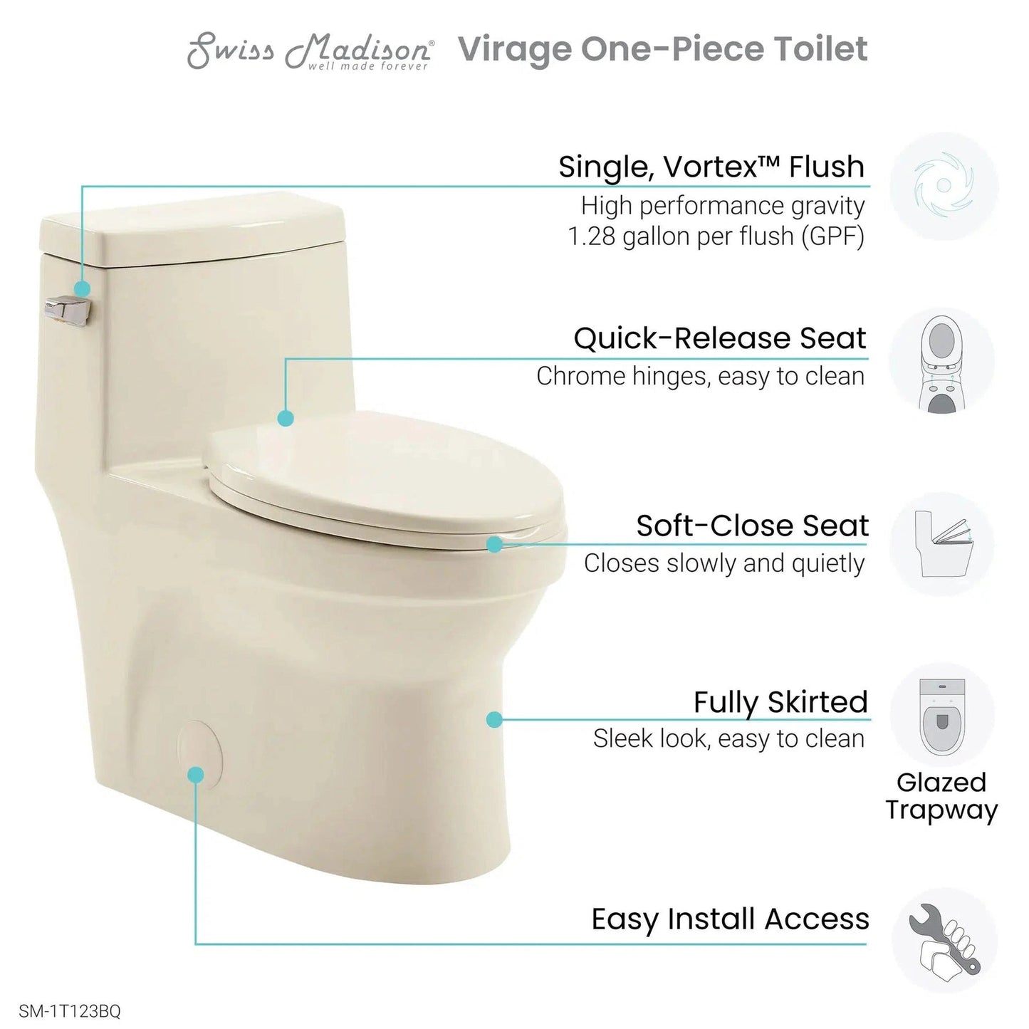 Swiss Madison Virage 14" x 28" Bisque One-Piece Elongated Floor Mounted Toilet With 1.28 GPF Vortex™ Side Flush Function