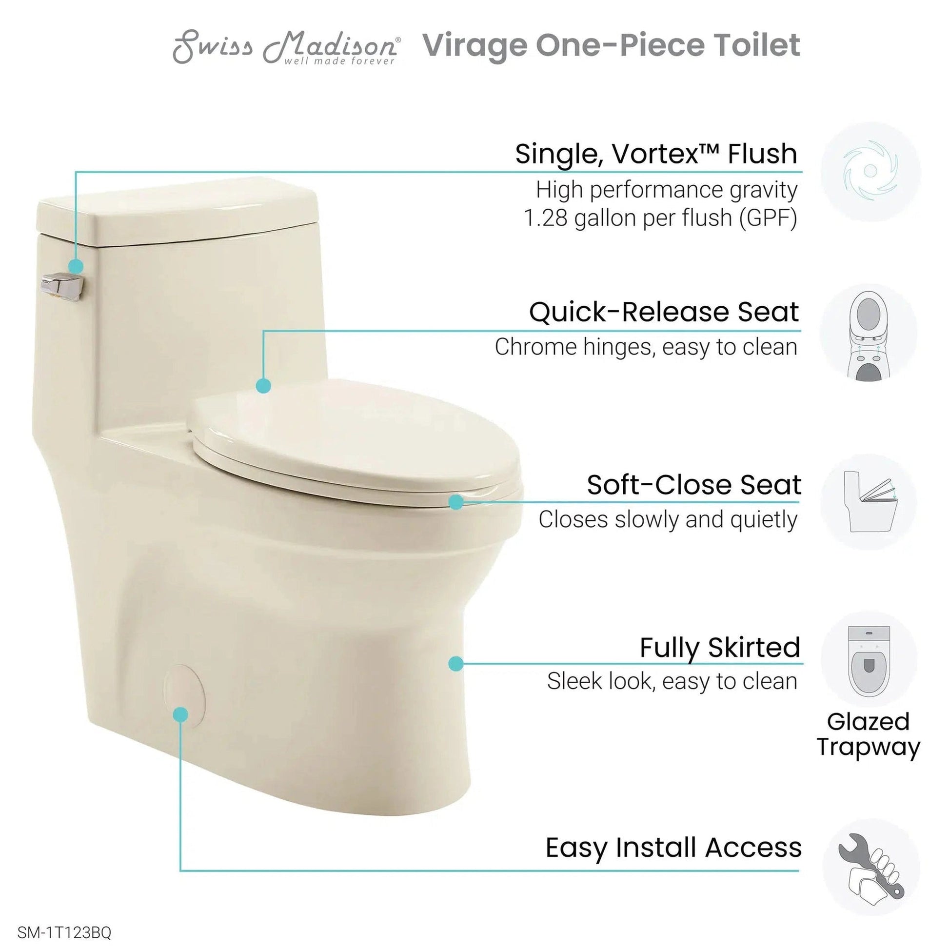 Swiss Madison Virage 14" x 28" Bisque One-Piece Elongated Floor Mounted Toilet With 1.28 GPF Vortex™ Side Flush Function