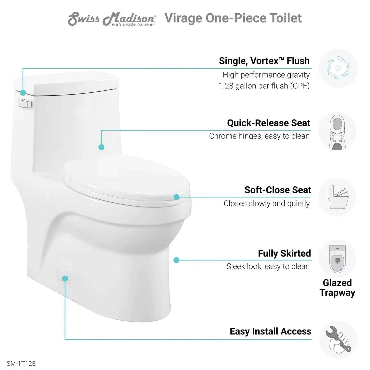 Swiss Madison Virage 14" x 28" Glossy White One-Piece Elongated Floor Mounted Toilet With 1.28 GPF Vortex Side Flush Function