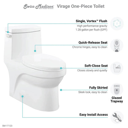 Swiss Madison Virage 14" x 28" Glossy White One-Piece Elongated Floor Mounted Toilet With 1.28 GPF Vortex Side Flush Function