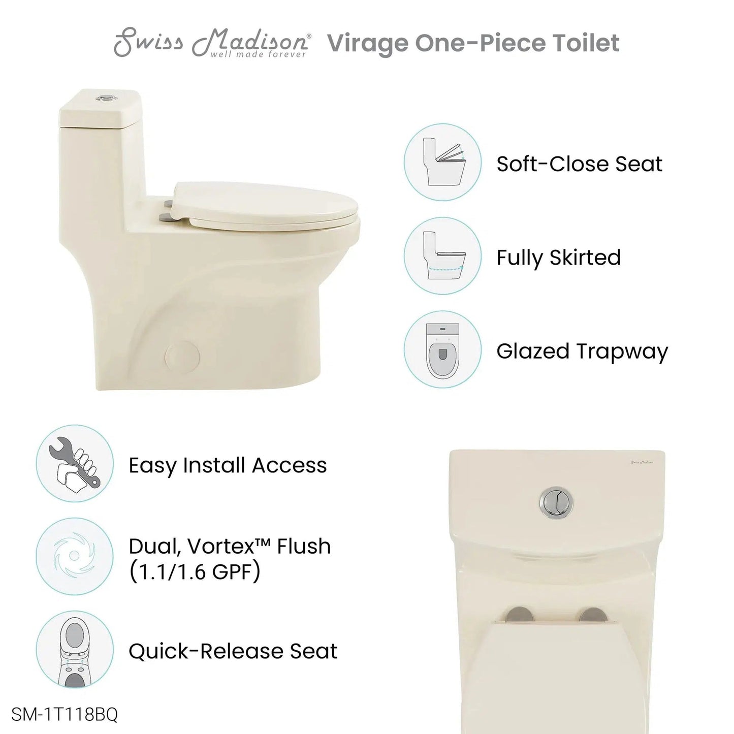 Swiss Madison Virage 15" x 28" Bisque One-Piece Elongated Floor Mounted Toilet With 1.1/1.6 GPF Vortex Dual-Flush Function