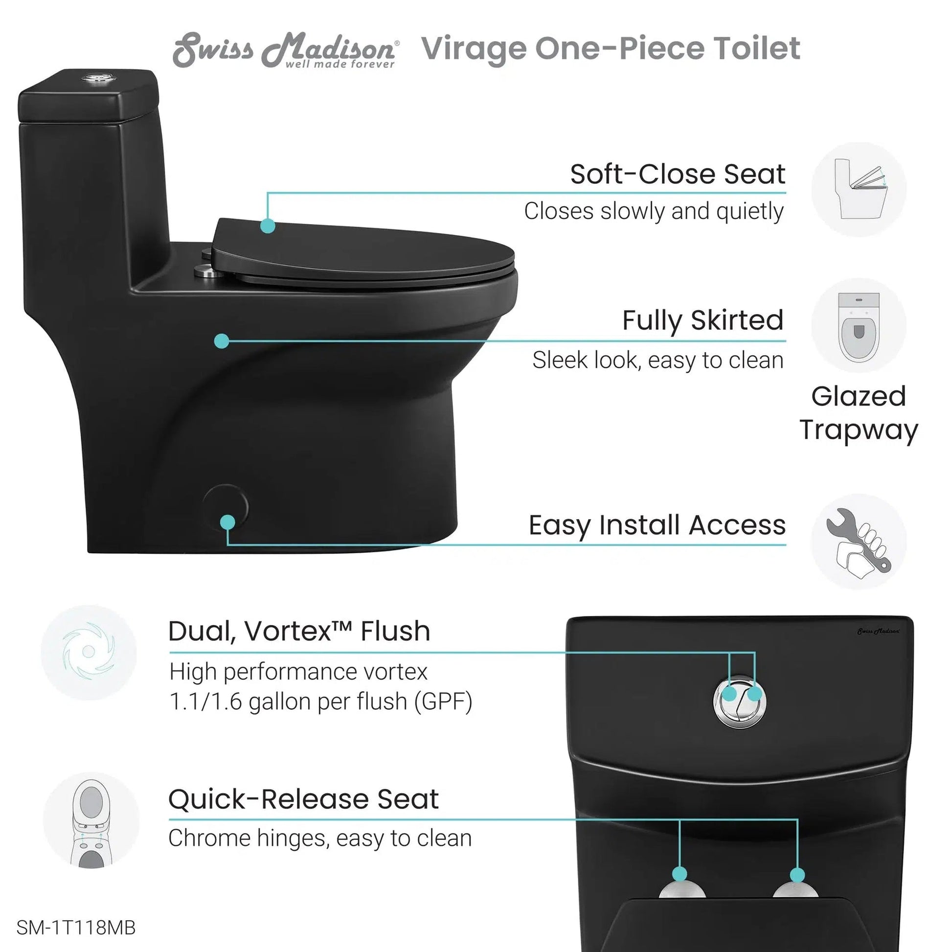 Swiss Madison Virage 15" x 28" Matte Black One-Piece Elongated Floor Mounted Toilet With 1.1/1.6 GPF Vortex Dual-Flush Function