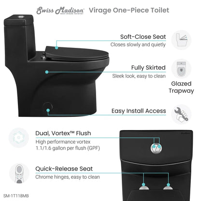 Swiss Madison Virage 15" x 28" Matte Black One-Piece Elongated Floor Mounted Toilet With 1.1/1.6 GPF Vortex Dual-Flush Function