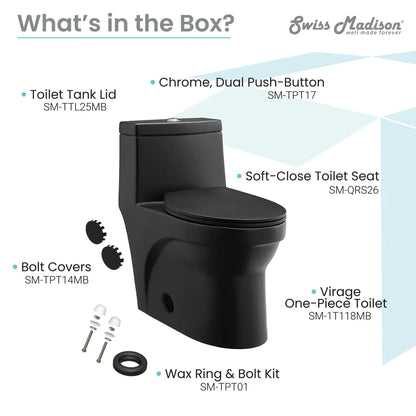 Swiss Madison Virage 15" x 28" Matte Black One-Piece Elongated Floor Mounted Toilet With 1.1/1.6 GPF Vortex Dual-Flush Function