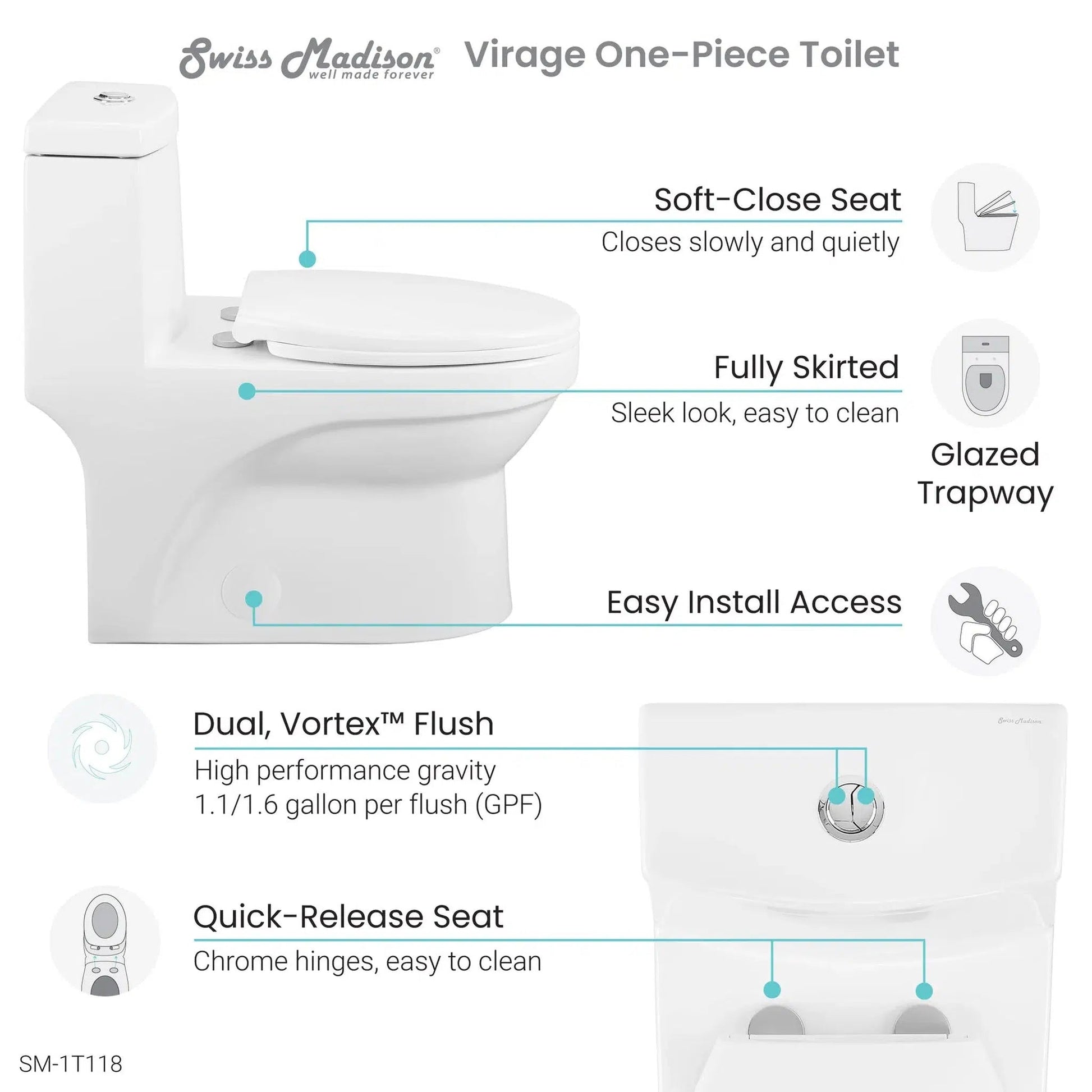 Swiss Madison Virage 15" x 28" White One-Piece Elongated Floor Mounted Toilet With 1.1/1.6 GPF Vortex Dual-Flush Function