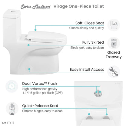 Swiss Madison Virage 15" x 28" White One-Piece Elongated Floor Mounted Toilet With 1.1/1.6 GPF Vortex Dual-Flush Function