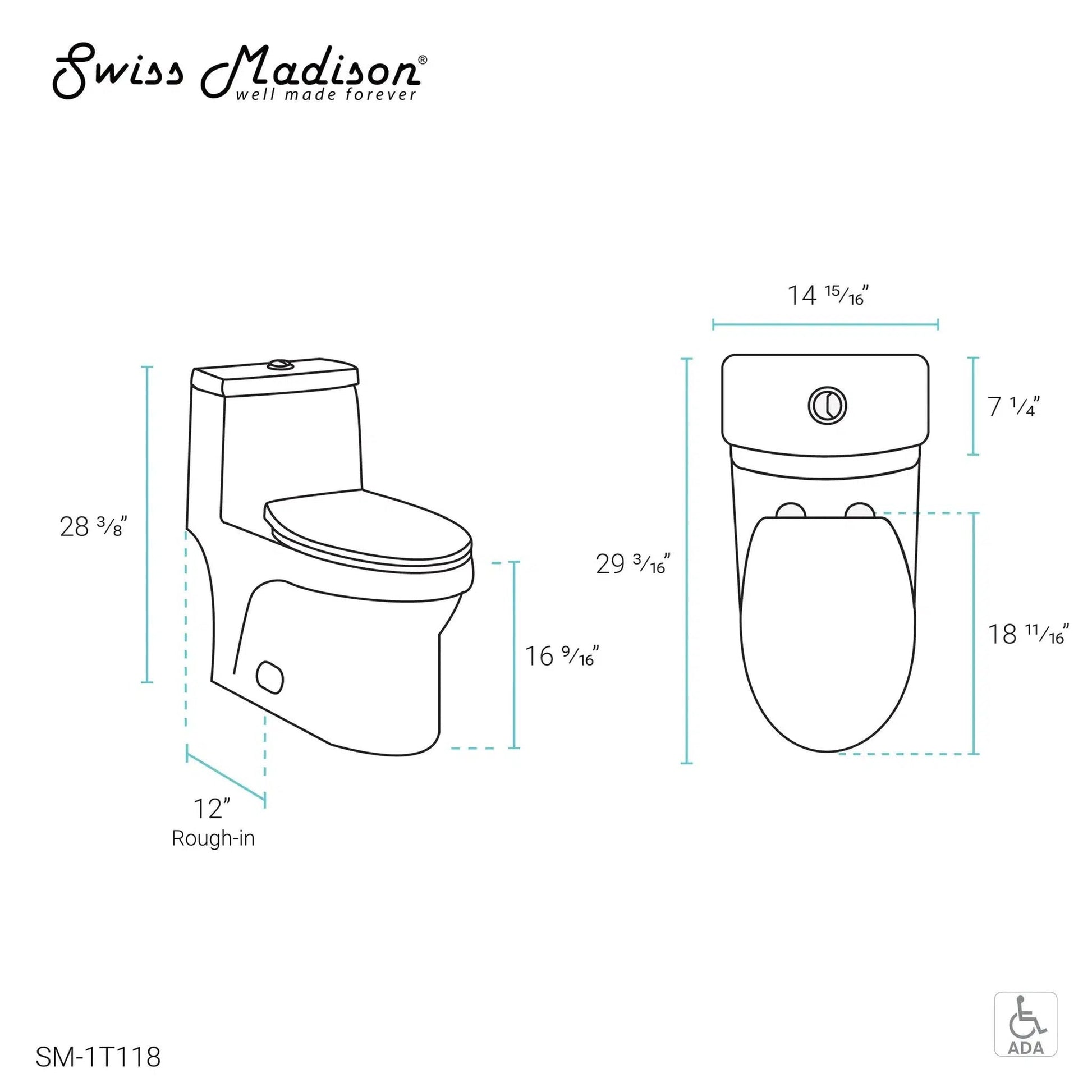 Swiss Madison Virage 15" x 28" White One-Piece Elongated Floor Mounted Toilet With 1.1/1.6 GPF Vortex Dual-Flush Function