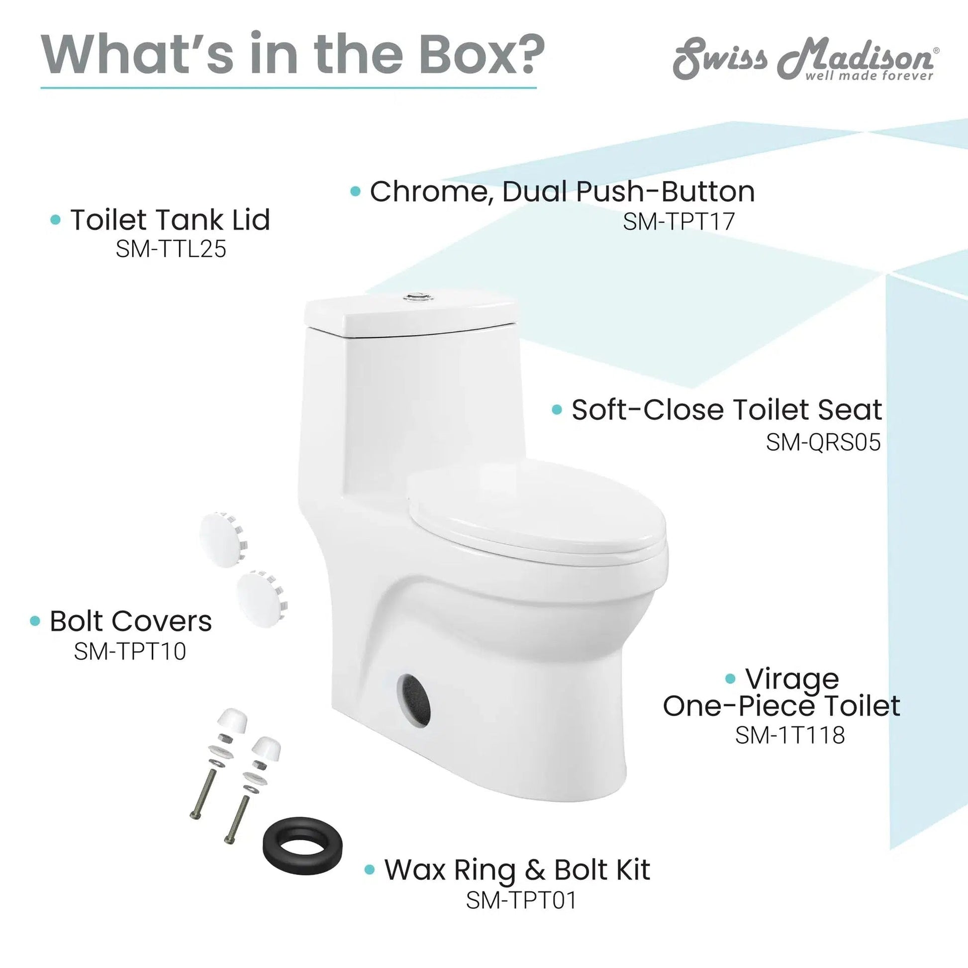 Swiss Madison Virage 15" x 28" White One-Piece Elongated Floor Mounted Toilet With 1.1/1.6 GPF Vortex Dual-Flush Function