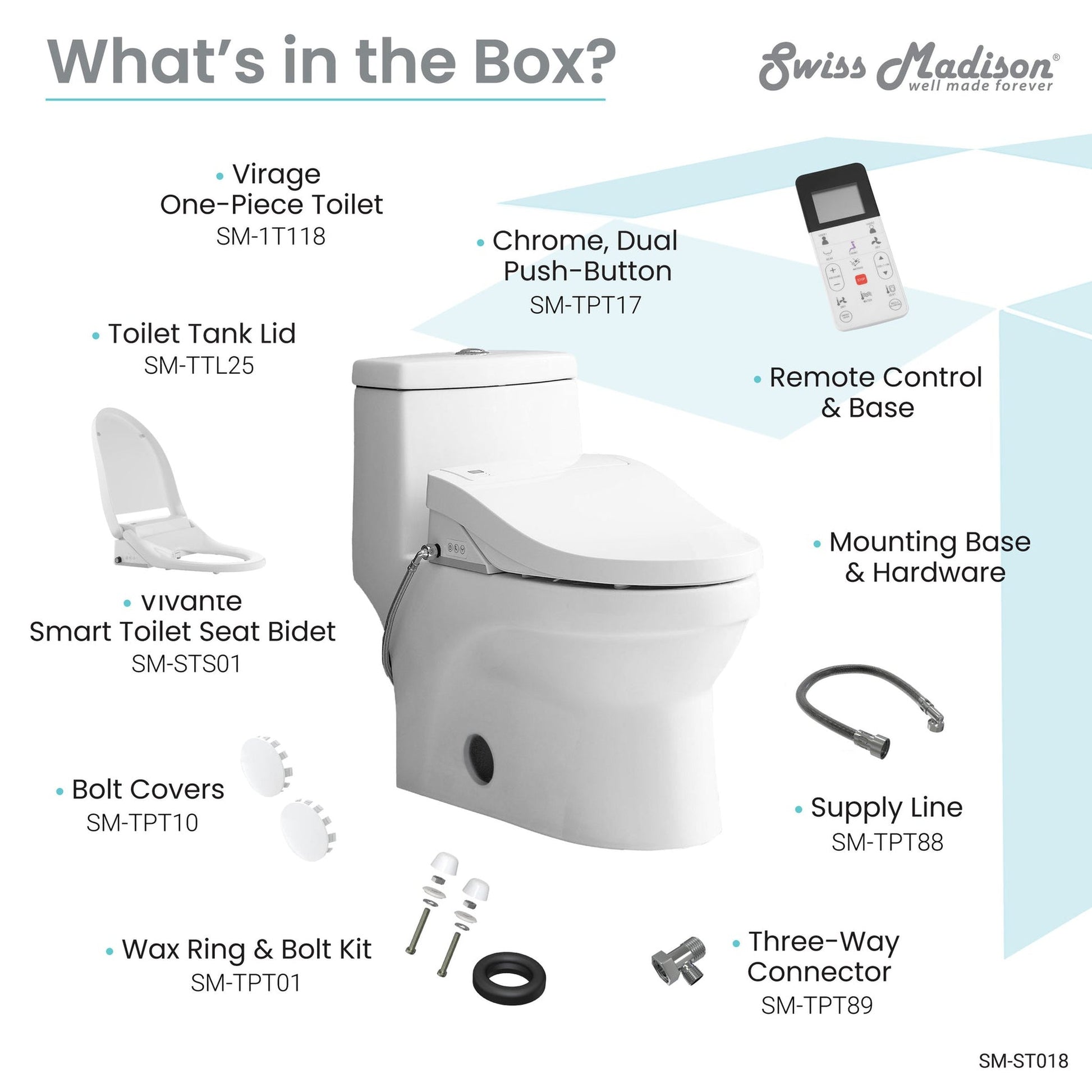 Swiss Madison Virage 15" x 28" White One-Piece Elongated Floor Mounted Toilet With 1.1/1.6 GPF Vortex Dual Flush Function, Vivante Smart Seat Bidet and Wireless Remote Control