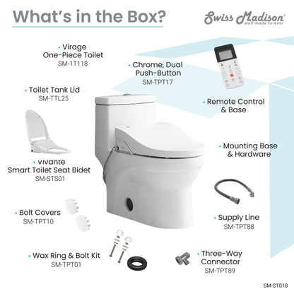 Swiss Madison Virage 15" x 28" White One-Piece Elongated Floor Mounted Toilet With 1.1/1.6 GPF Vortex Dual Flush Function, Vivante Smart Seat Bidet and Wireless Remote Control