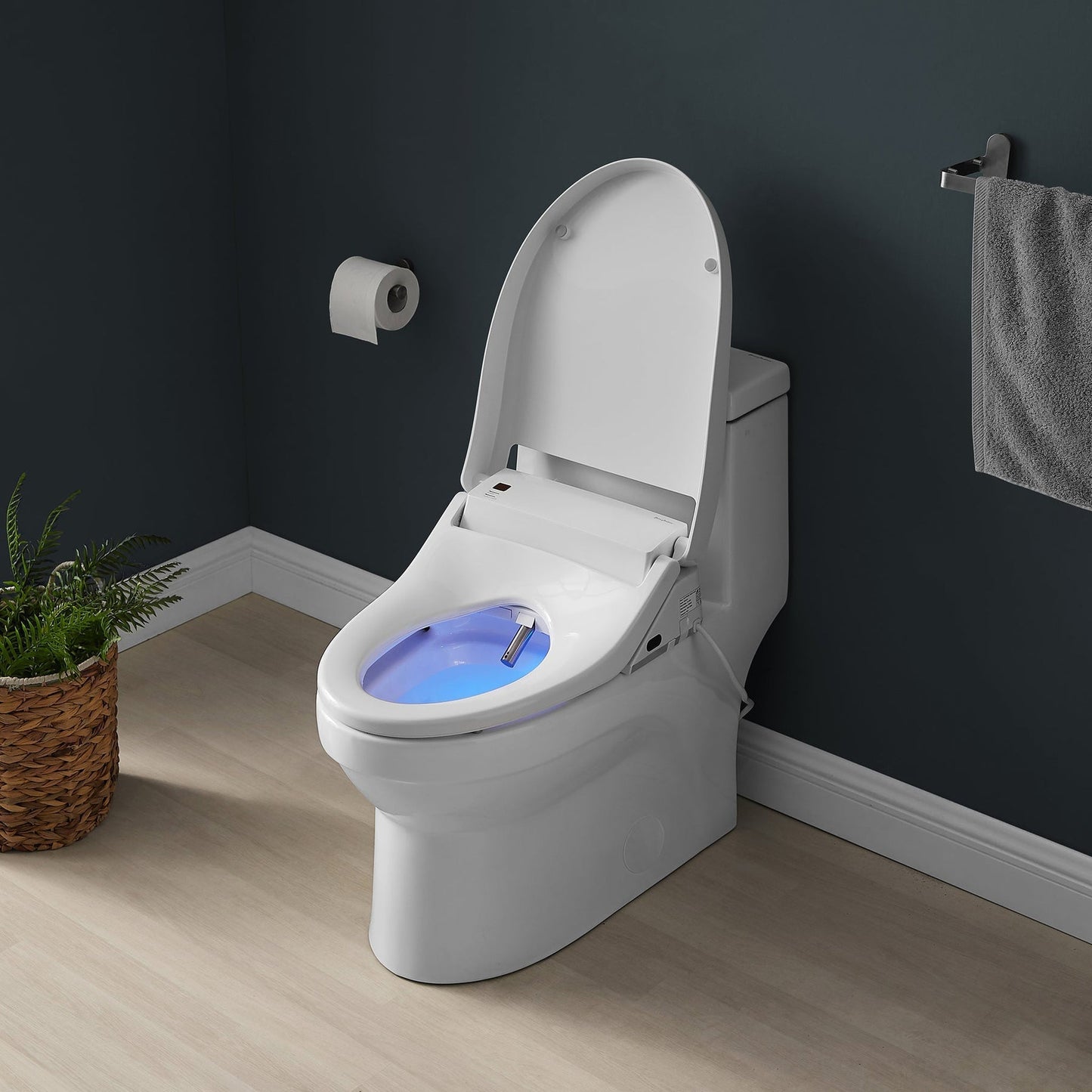 Swiss Madison Virage 15" x 28" White One-Piece Elongated Floor Mounted Toilet With 1.1/1.6 GPF Vortex Dual Flush Function, Vivante Smart Seat Bidet and Wireless Remote Control