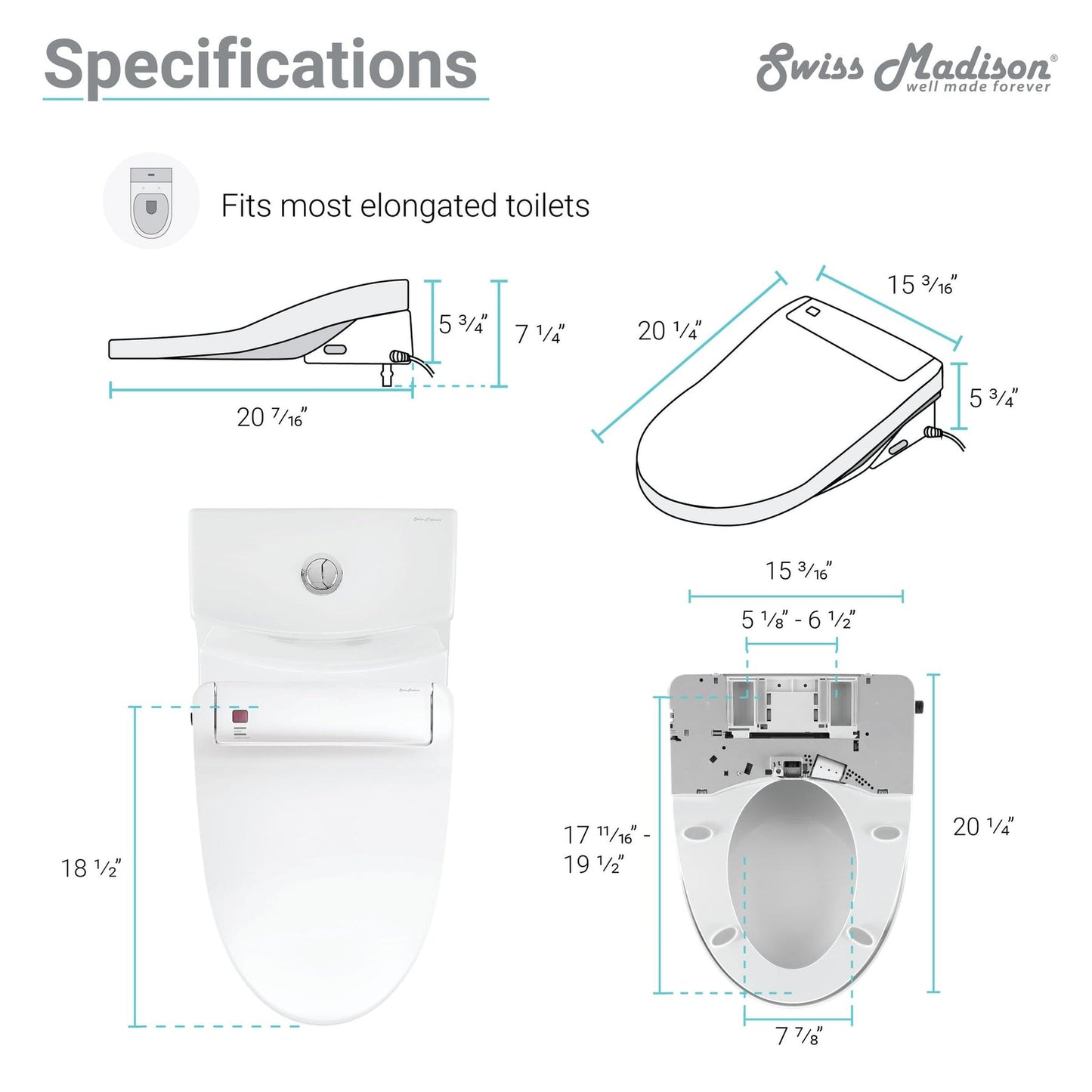 Swiss Madison Virage 15" x 28" White One-Piece Elongated Floor Mounted Toilet With 1.1/1.6 GPF Vortex Dual Flush Function, Vivante Smart Seat Bidet and Wireless Remote Control