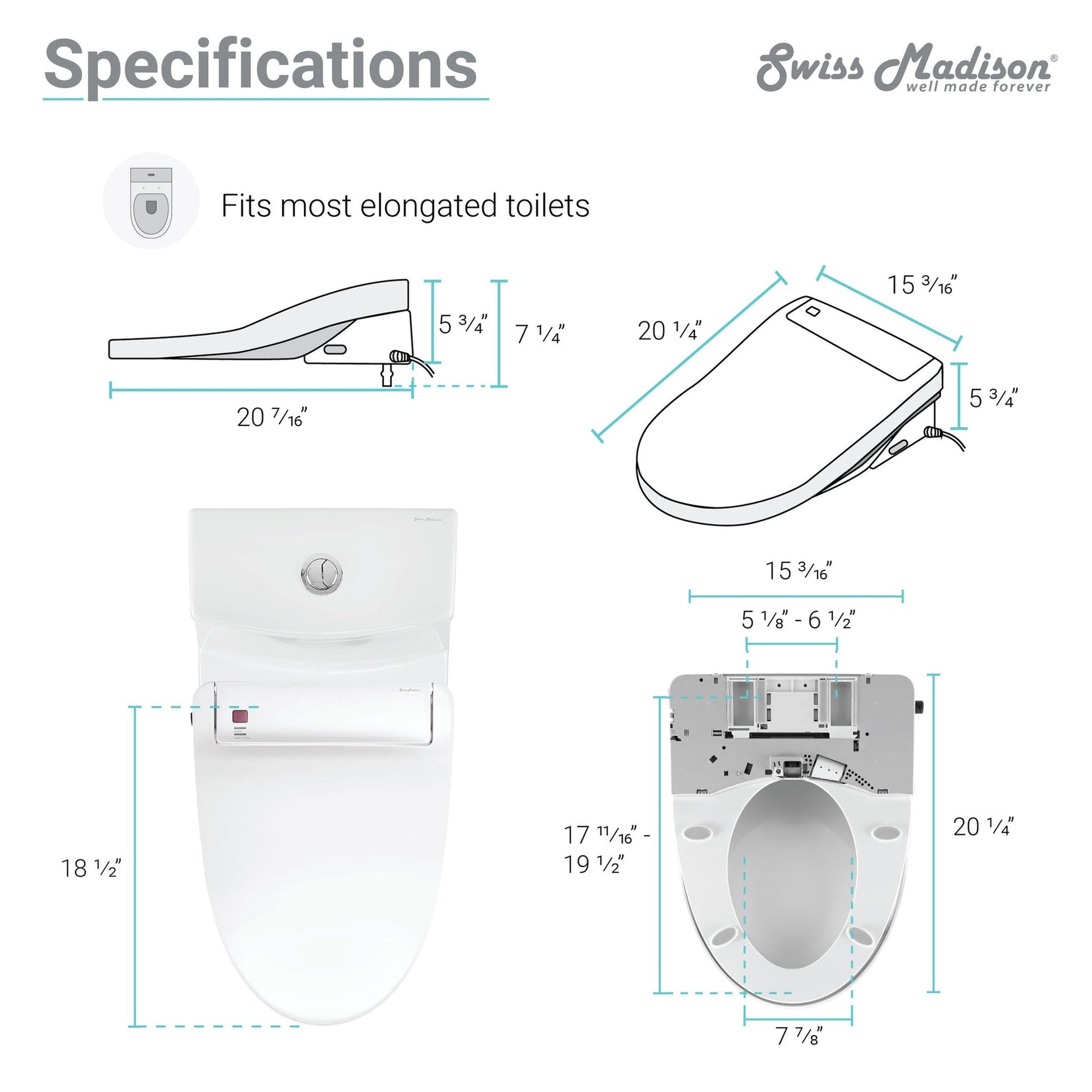 Swiss Madison Virage 15" x 28" White One-Piece Elongated Floor Mounted Toilet With 1.1/1.6 GPF Vortex Dual Flush Function, Vivante Smart Seat Bidet and Wireless Remote Control