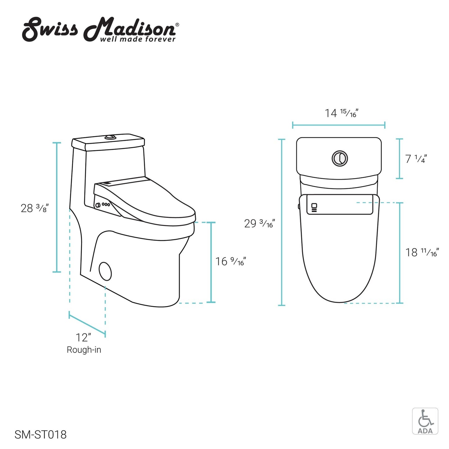 Swiss Madison Virage 15" x 28" White One-Piece Elongated Floor Mounted Toilet With 1.1/1.6 GPF Vortex Dual Flush Function, Vivante Smart Seat Bidet and Wireless Remote Control