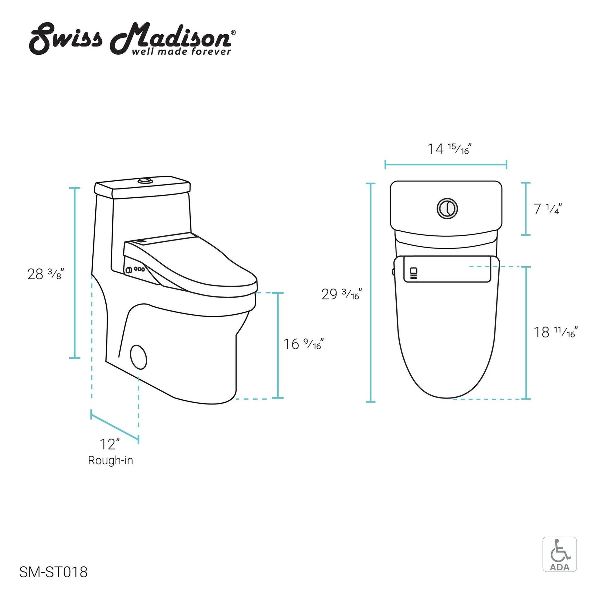 Swiss Madison Virage 15" x 28" White One-Piece Elongated Floor Mounted Toilet With 1.1/1.6 GPF Vortex Dual Flush Function, Vivante Smart Seat Bidet and Wireless Remote Control