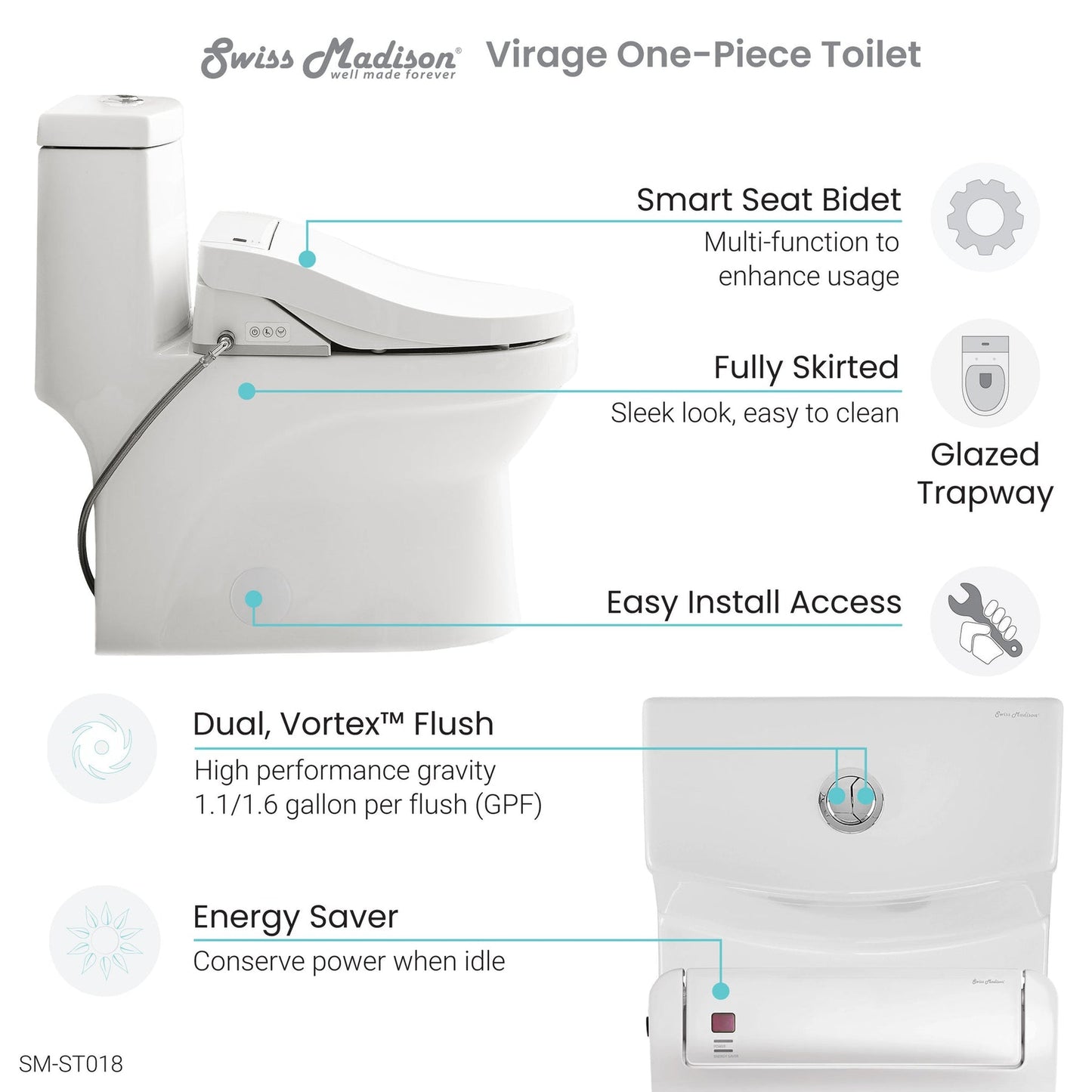 Swiss Madison Virage 15" x 28" White One-Piece Elongated Floor Mounted Toilet With 1.1/1.6 GPF Vortex Dual Flush Function, Vivante Smart Seat Bidet and Wireless Remote Control