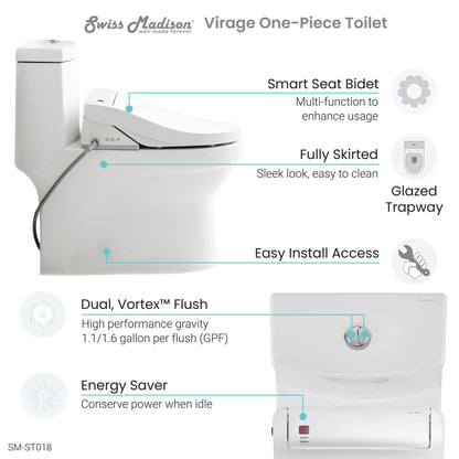 Swiss Madison Virage 15" x 28" White One-Piece Elongated Floor Mounted Toilet With 1.1/1.6 GPF Vortex™ Dual Flush Function, Vivante Smart Seat Bidet and Wireless Remote Control