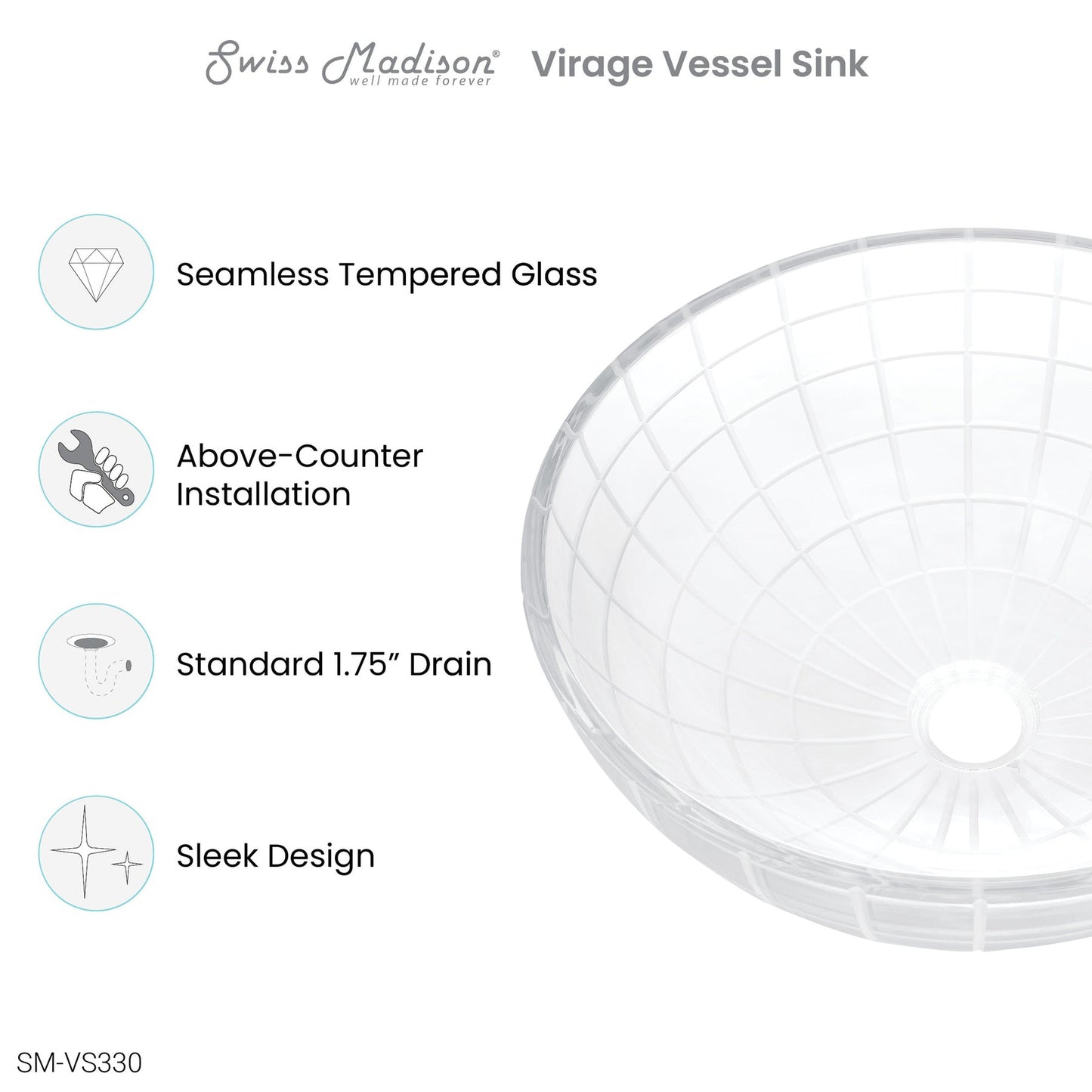 Swiss Madison Virage 17" x 17" Clear Round Tempered Glass Bathroom Vessel Sink