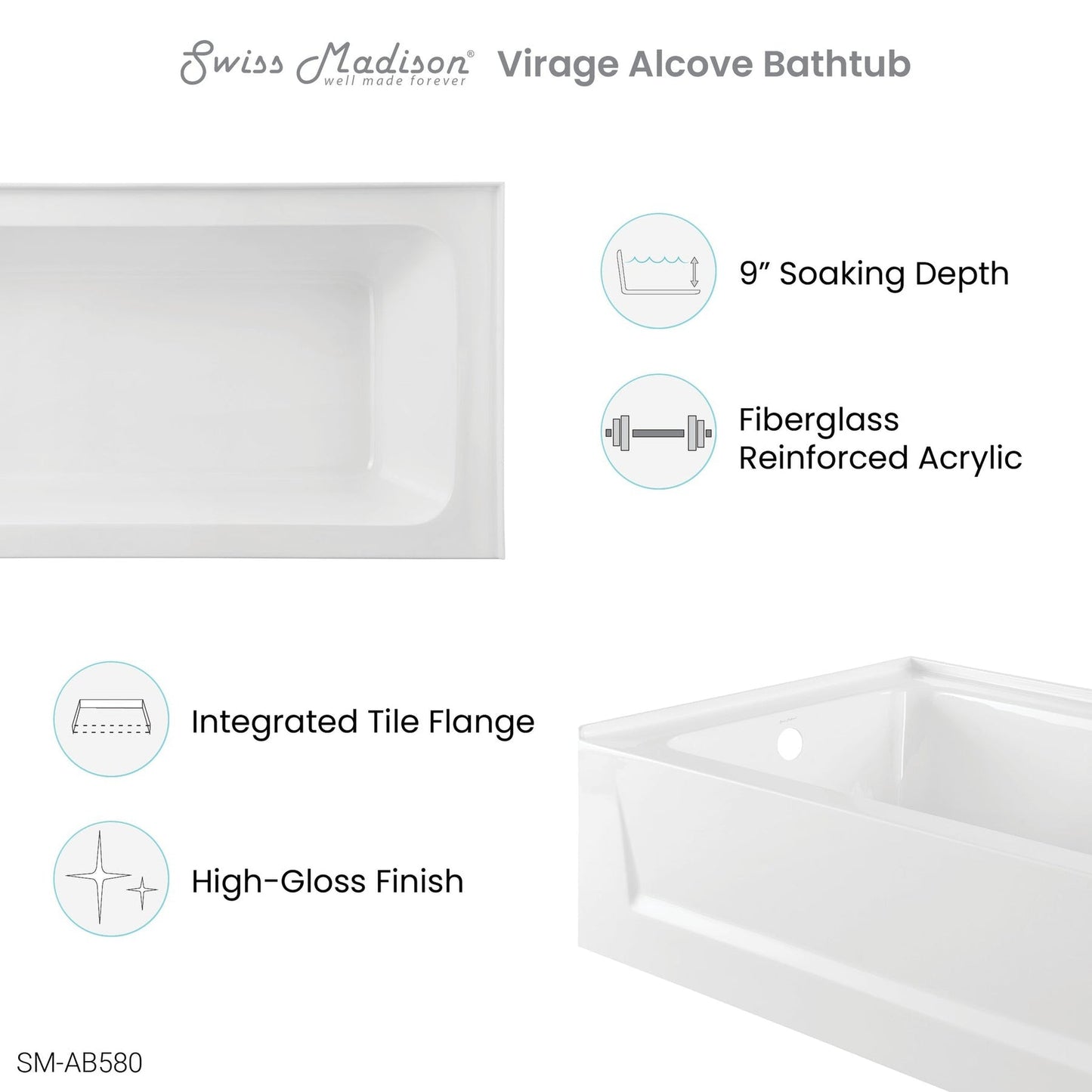 Swiss Madison Virage 60" x 30" White Left-Hand Drain Alcove Bathtub With Built-In Flange & Sleek Apron Front