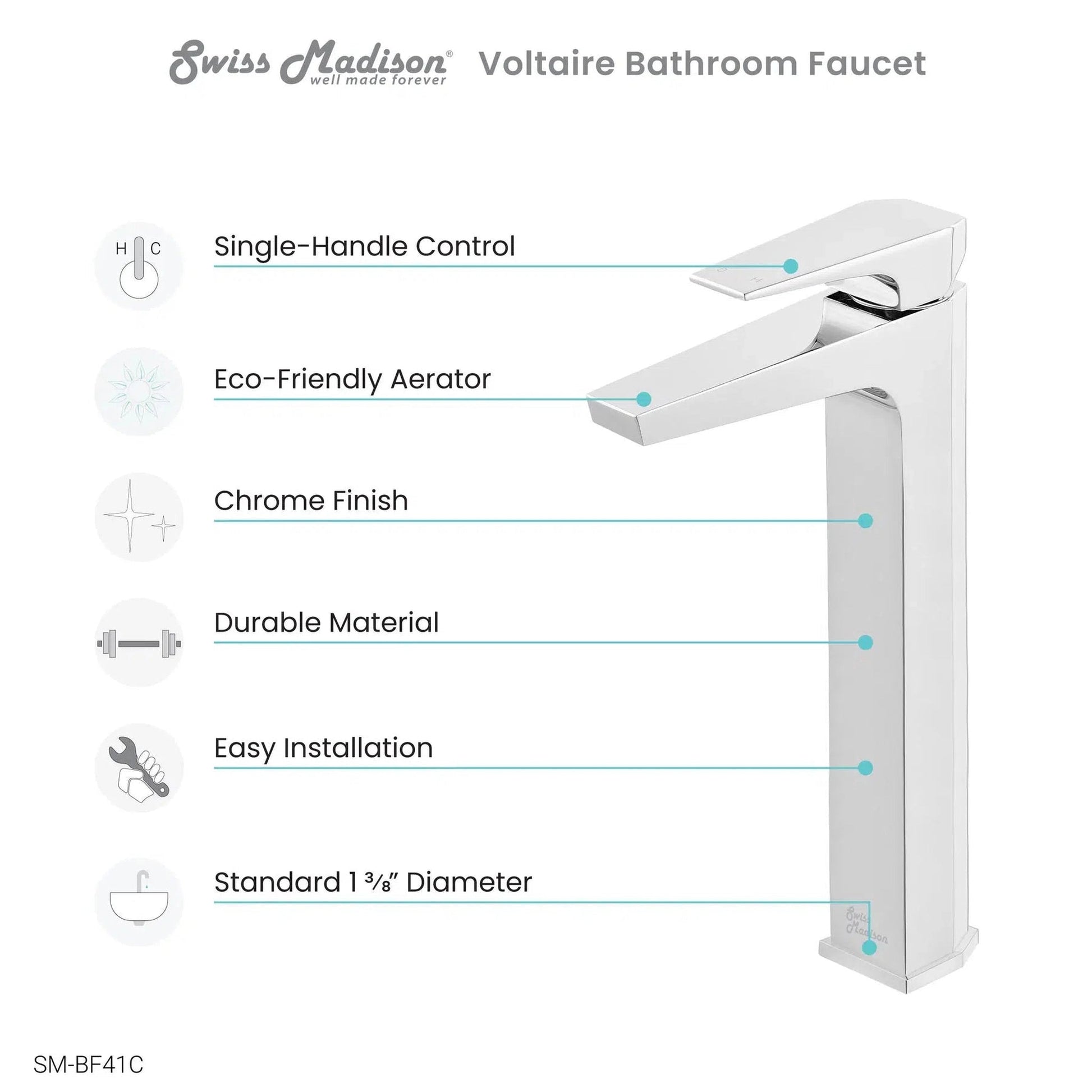 Swiss Madison Voltaire 11" Chrome Single Hole Bathroom Faucet With Flow Rate of 1.5 GPM