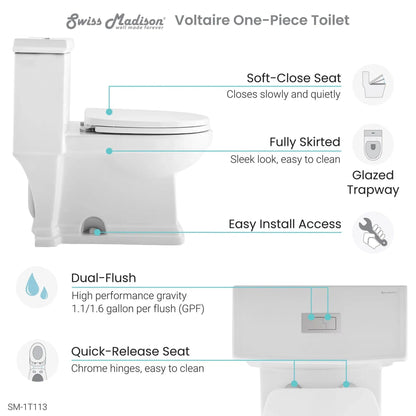 Swiss Madison Voltaire 17" x 29" Glossy White One-Piece Elongated Floor Mounted Toilet With 1.1/1.6 GPF Dual-Flush Function