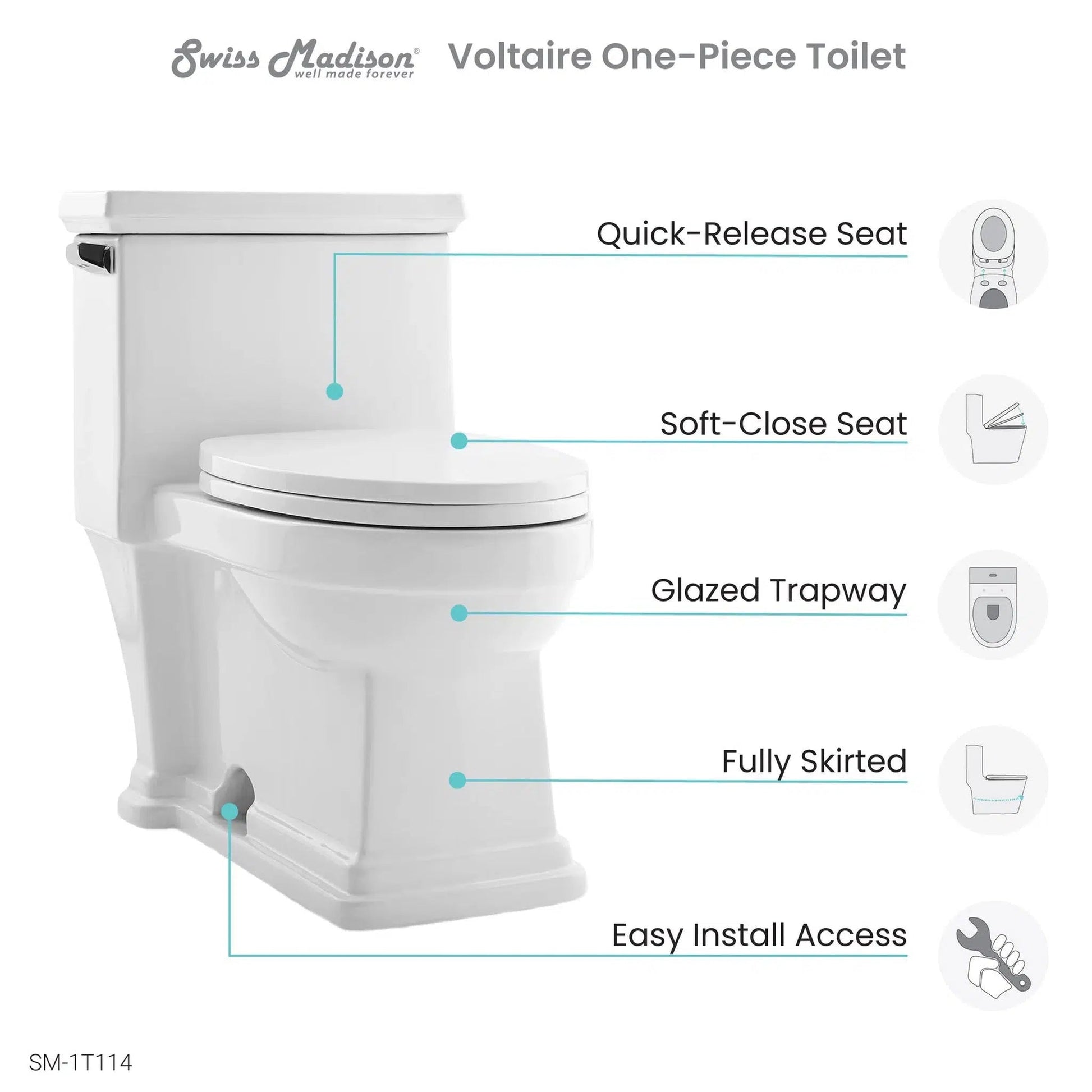 Swiss Madison Voltaire 17" x 29" Glossy White One-Piece Elongated Floor Mounted Toilet With 1.28 GPF Side Flush Function