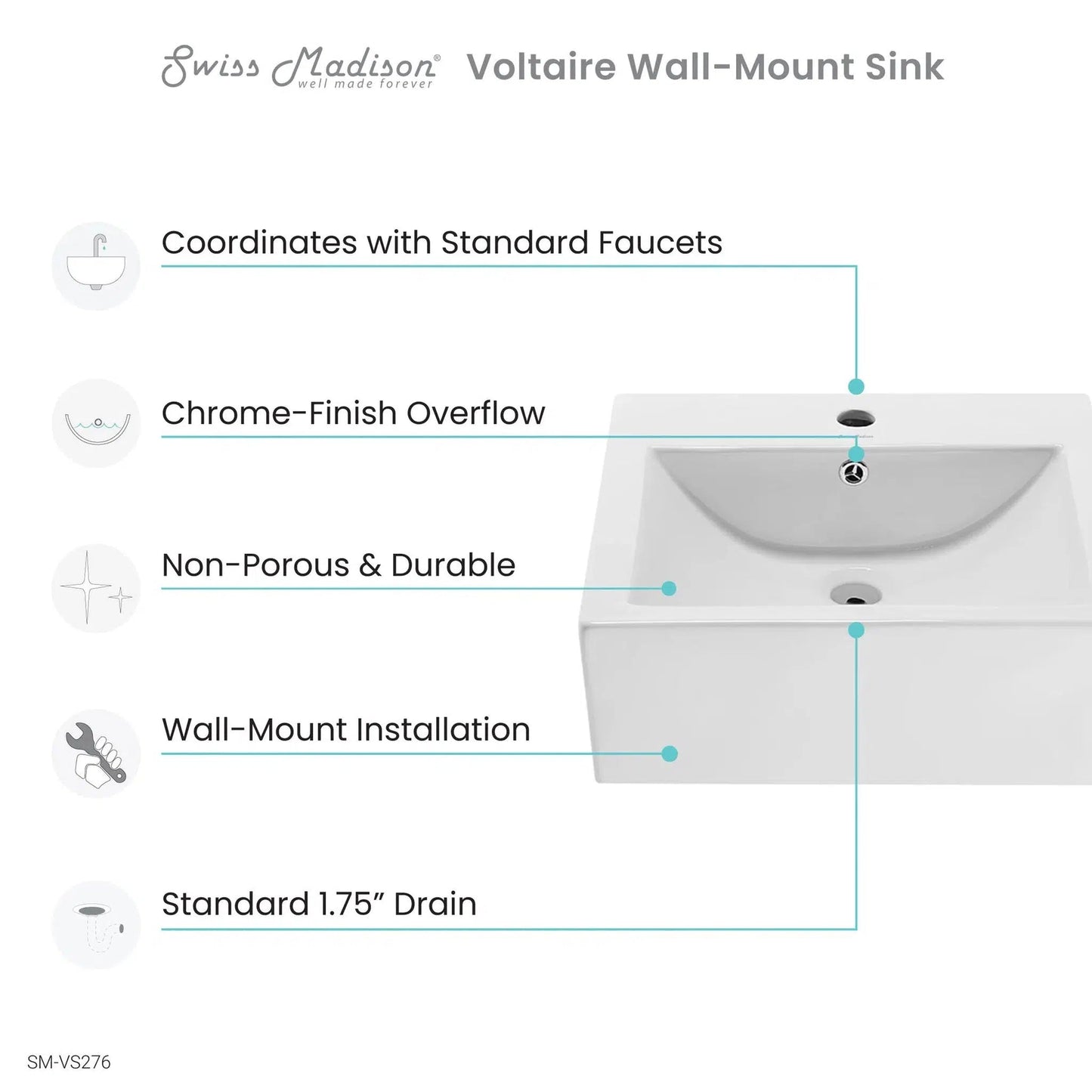 Swiss Madison Voltaire 18" x 18" Wall-Mounted Square White Ceramic Bathroom Sink