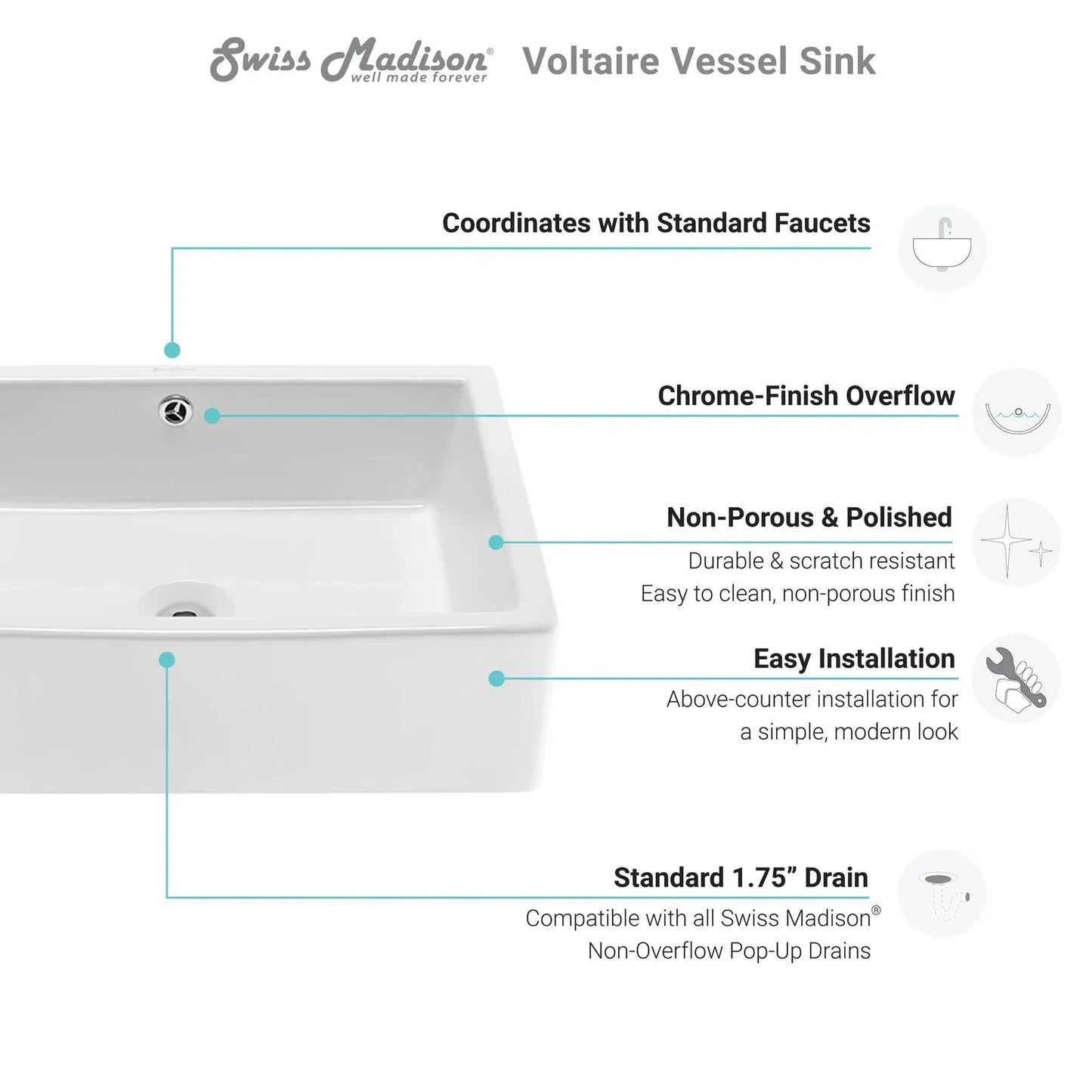 Swiss Madison Voltaire 19" x 14" White Square Ceramic Vessel Bathroom Sink