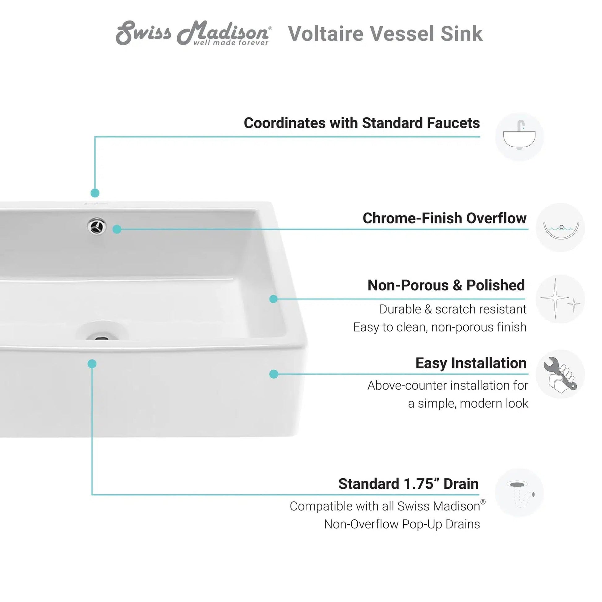 Swiss Madison Voltaire 19" x 14" White Square Ceramic Vessel Bathroom Sink